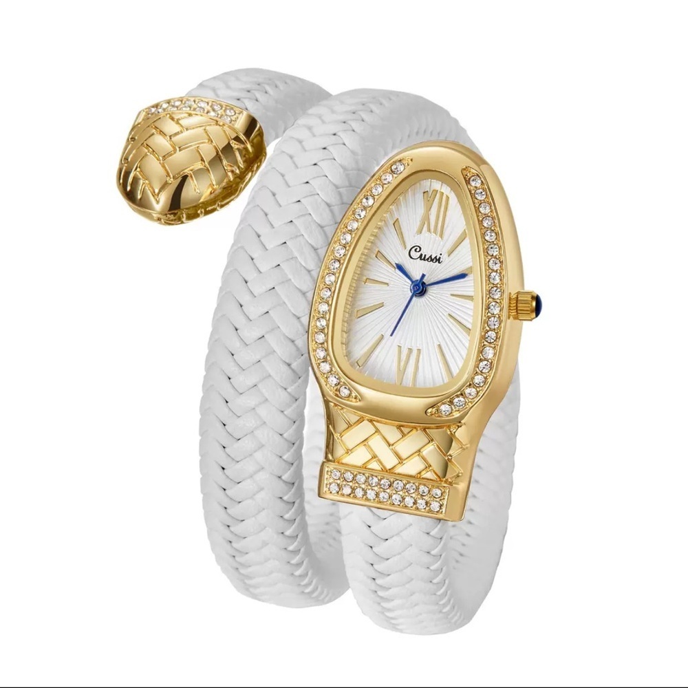 Serpenti Style Wrap Watch – White Faux Leather | Gold Tone | White Dial